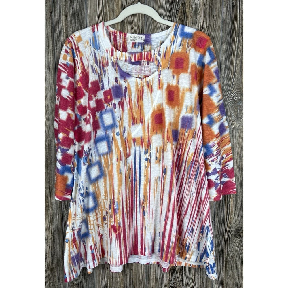 Atelier5 Top M 3/4 Sleeve Knit Graphic Tunic L USA Boho Artsy Eclectic Indie